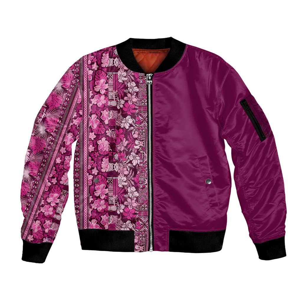 Hawaiian Tribal Elements Hibiscus Sleeve Zip Bomber Jacket Pink Pattern LT9 Unisex Pink - Polynesian Pride
