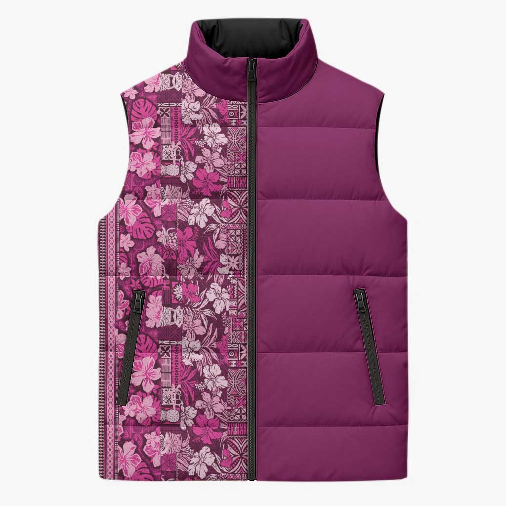 Hawaiian Tribal Elements Hibiscus Sleeveless Puffer Jacket Pink Pattern - Polynesian Pride