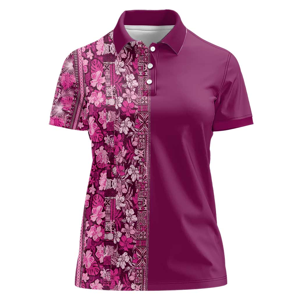 Hawaiian Tribal Elements Hibiscus Women Polo Shirt Pink Pattern - Polynesian Pride