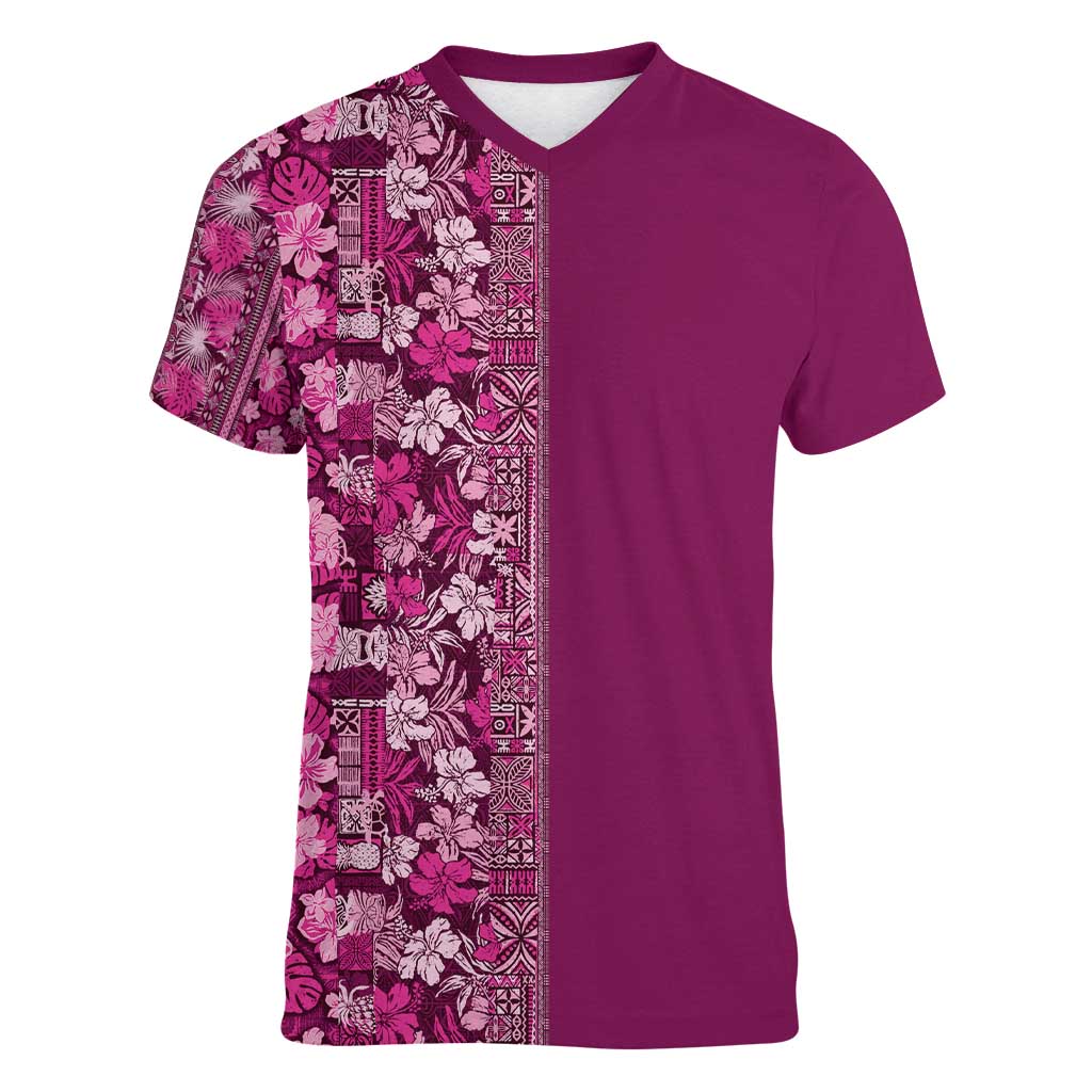 Hawaiian Tribal Elements Hibiscus Women V-Neck T-Shirt Pink Pattern LT9 Female Pink - Polynesian Pride
