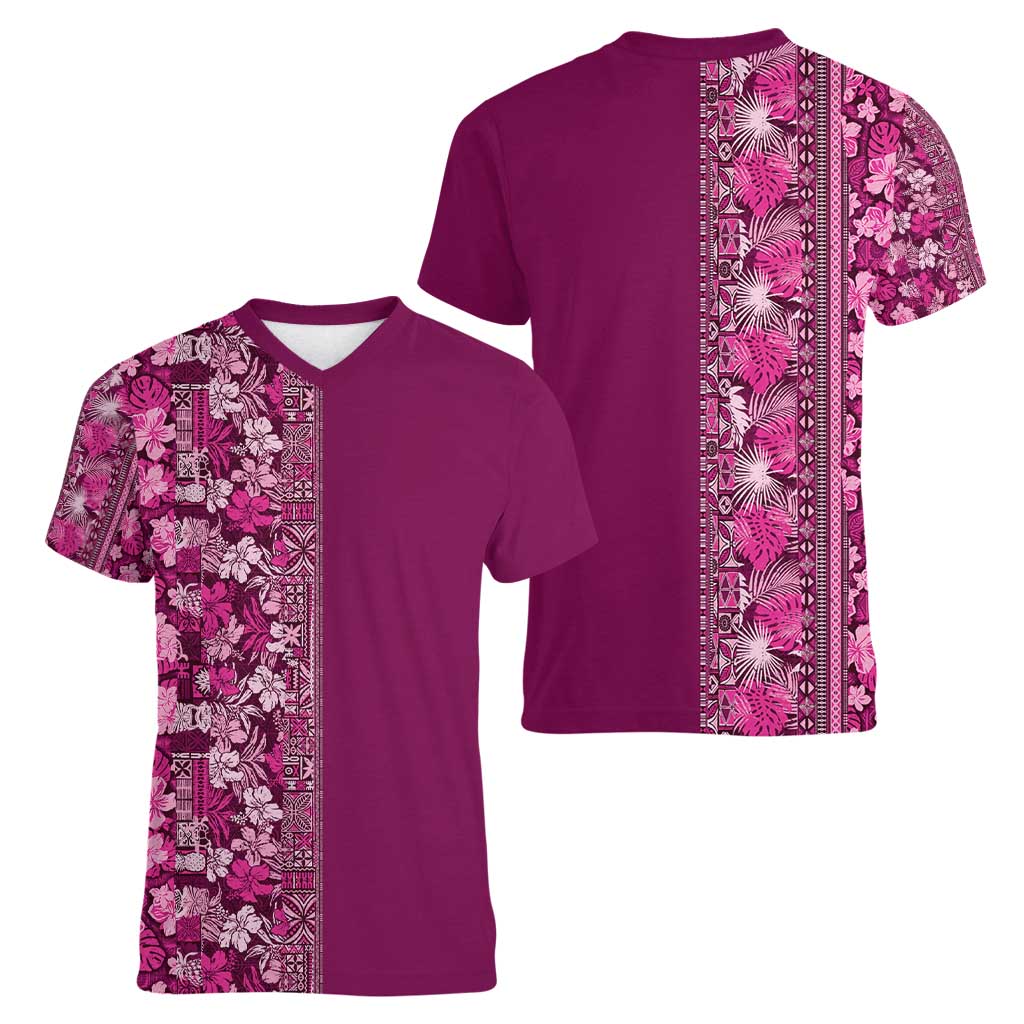 Hawaiian Tribal Elements Hibiscus Women V-Neck T-Shirt Pink Pattern - Polynesian Pride