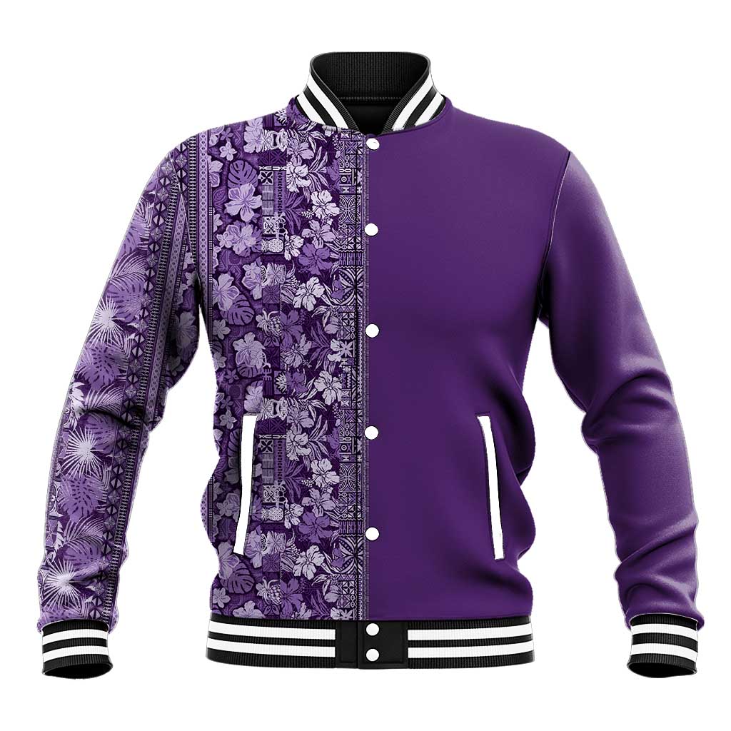 Hawaiian Tribal Elements Hibiscus Baseball Jacket Purple Pattern LT9 Unisex Purple - Polynesian Pride
