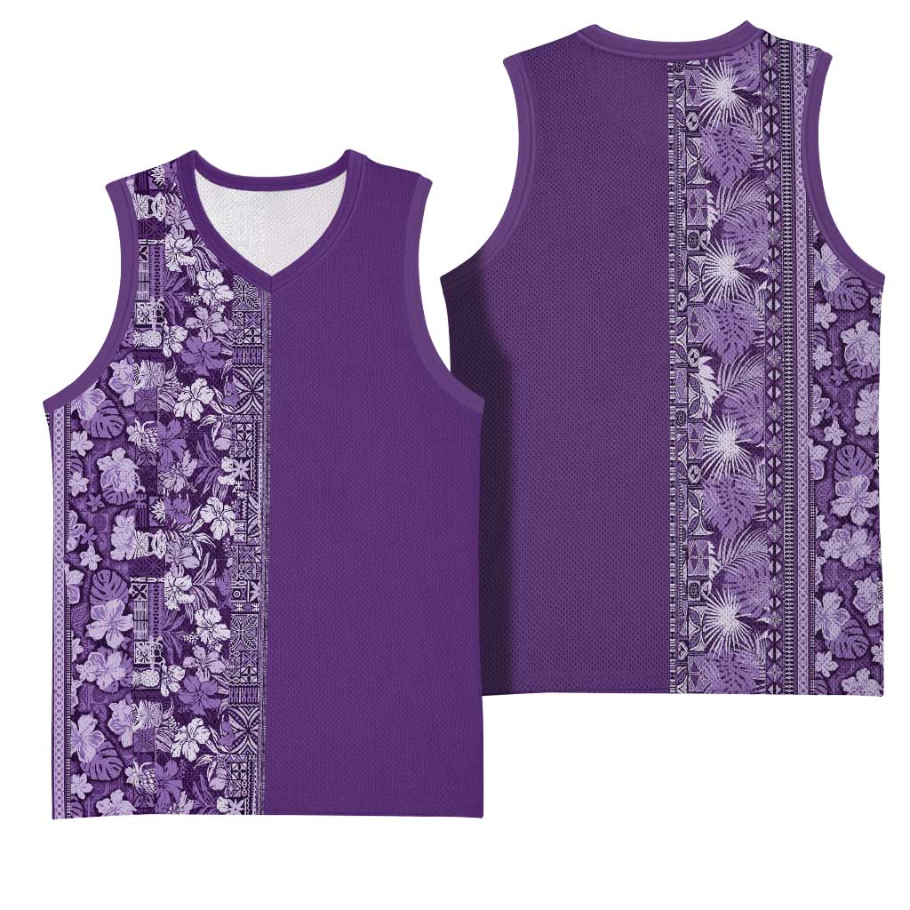 Hawaiian Tribal Elements Hibiscus Basketball Jersey Purple Pattern - Polynesian Pride