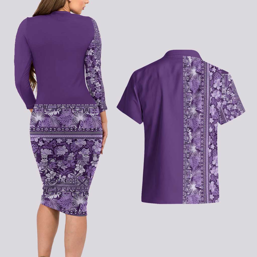 Hawaiian Tribal Elements Hibiscus Couples Matching Long Sleeve Bodycon Dress and Hawaiian Shirt Purple Pattern - Polynesian Pride