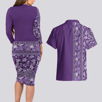 Hawaiian Tribal Elements Hibiscus Couples Matching Long Sleeve Bodycon Dress and Hawaiian Shirt Purple Pattern - Polynesian Pride
