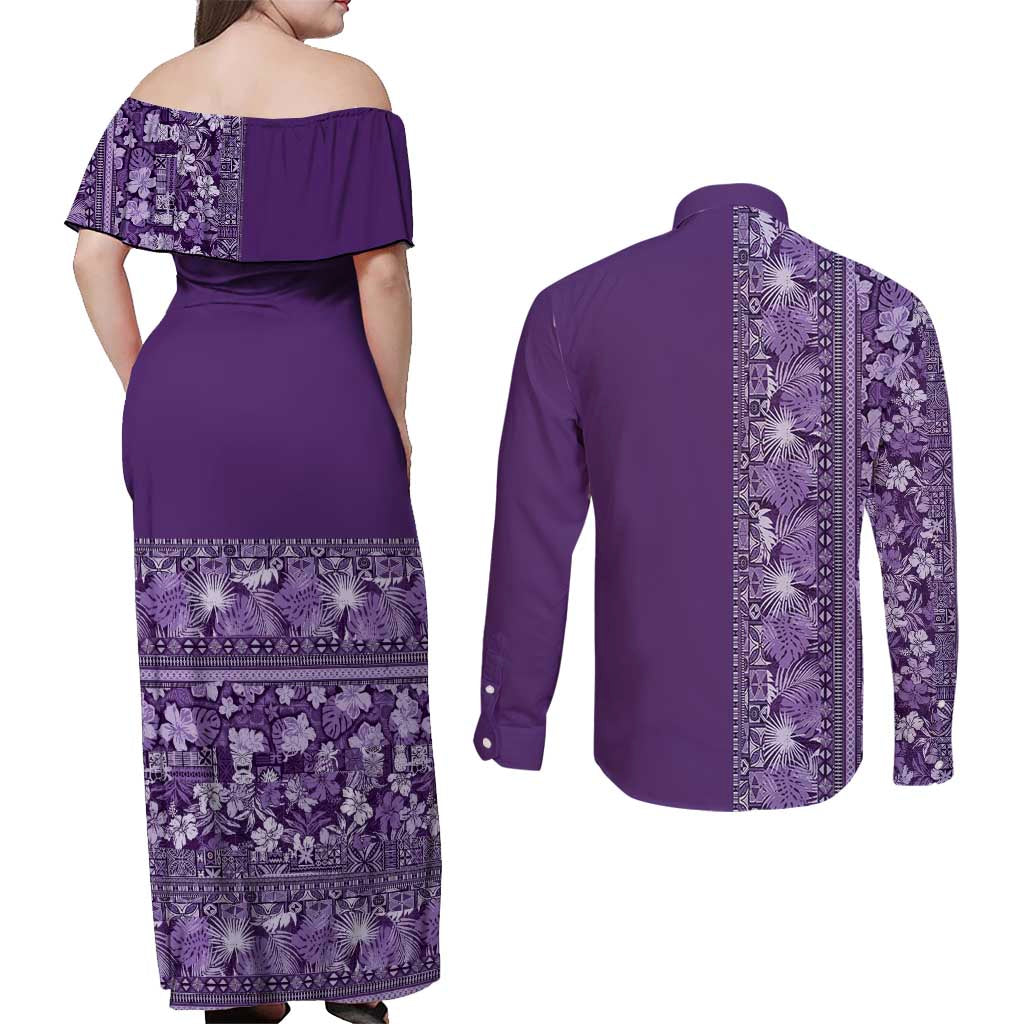 Hawaiian Tribal Elements Hibiscus Couples Matching Off Shoulder Maxi Dress and Long Sleeve Button Shirt Purple Pattern - Polynesian Pride