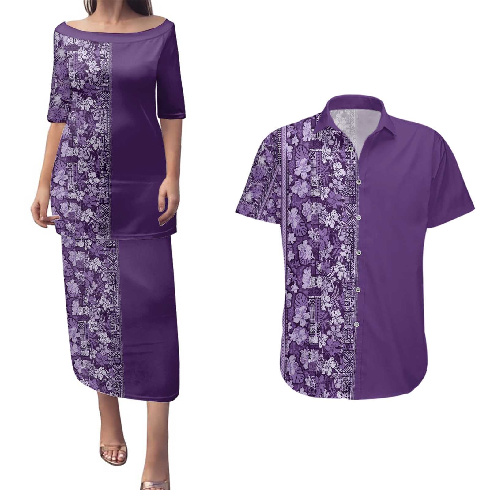 Hawaiian Tribal Elements Hibiscus Couples Matching Puletasi and Hawaiian Shirt Purple Pattern LT9 Purple - Polynesian Pride