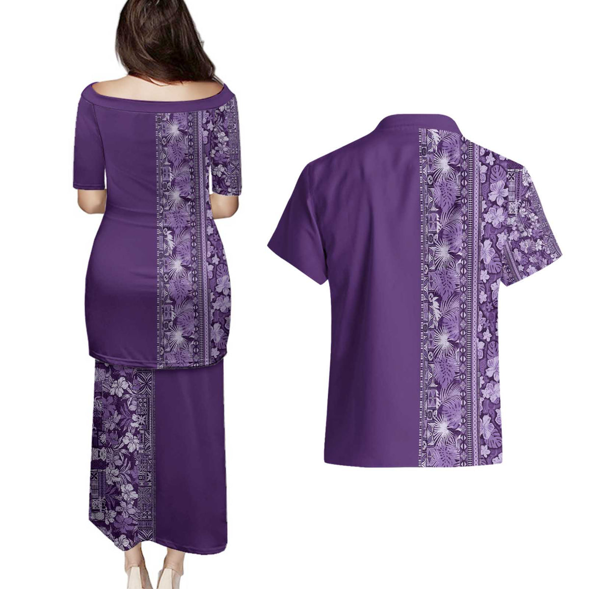Hawaiian Tribal Elements Hibiscus Couples Matching Puletasi and Hawaiian Shirt Purple Pattern - Polynesian Pride