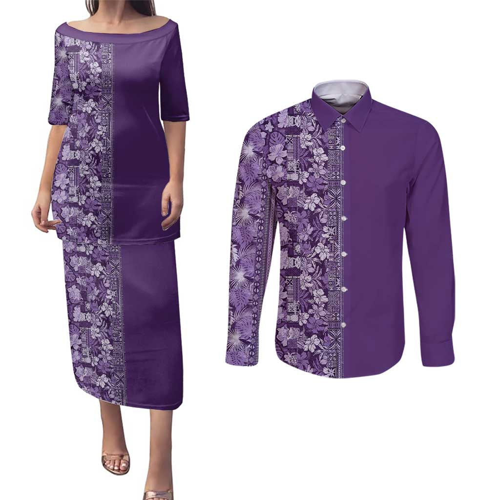 Hawaiian Tribal Elements Hibiscus Couples Matching Puletasi and Long Sleeve Button Shirt Purple Pattern - Polynesian Pride
