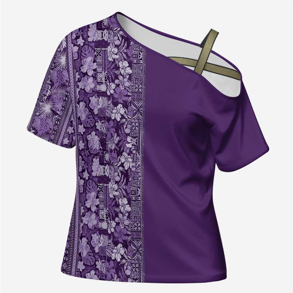 Hawaiian Tribal Elements Hibiscus Cross Shoulder Shirt Purple Pattern LT9 Female Purple - Polynesian Pride