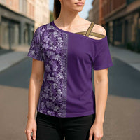 Hawaiian Tribal Elements Hibiscus Cross Shoulder Shirt Purple Pattern - Polynesian Pride