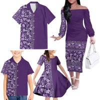 Hawaiian Tribal Elements Hibiscus Family Matching Off The Shoulder Long Sleeve Dress and Hawaiian Shirt Purple Pattern - Polynesian Pride