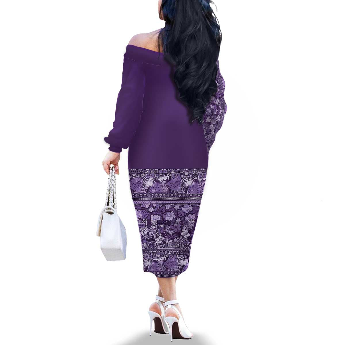 Hawaiian Tribal Elements Hibiscus Family Matching Off The Shoulder Long Sleeve Dress and Hawaiian Shirt Purple Pattern - Polynesian Pride