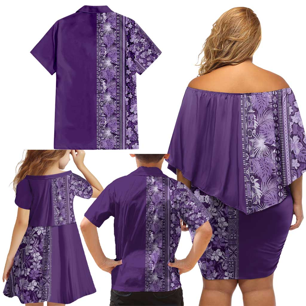 Hawaiian Tribal Elements Hibiscus Family Matching Off Shoulder Short Dress and Hawaiian Shirt Purple Pattern - Polynesian Pride