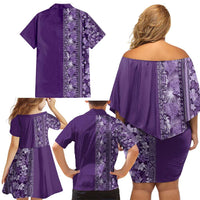 Hawaiian Tribal Elements Hibiscus Family Matching Off Shoulder Short Dress and Hawaiian Shirt Purple Pattern - Polynesian Pride
