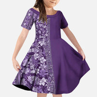 Hawaiian Tribal Elements Hibiscus Family Matching Short Sleeve Bodycon Dress and Hawaiian Shirt Purple Pattern - Polynesian Pride