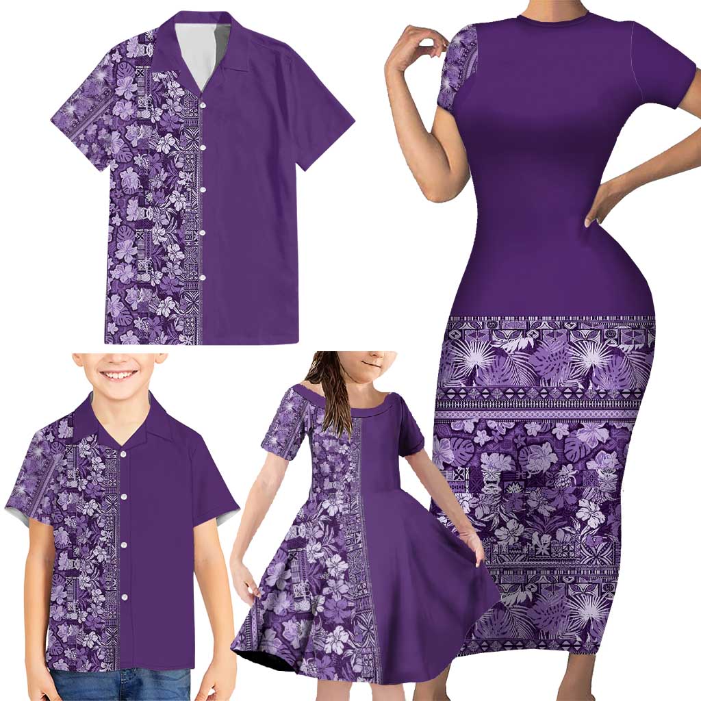 Hawaiian Tribal Elements Hibiscus Family Matching Short Sleeve Bodycon Dress and Hawaiian Shirt Purple Pattern - Polynesian Pride