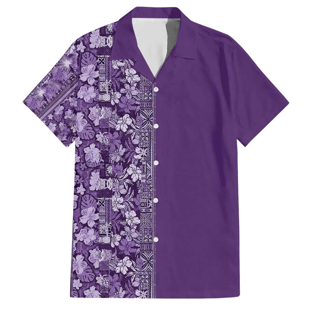 Hawaiian Tribal Elements Hibiscus Family Matching Short Sleeve Bodycon Dress and Hawaiian Shirt Purple Pattern - Polynesian Pride