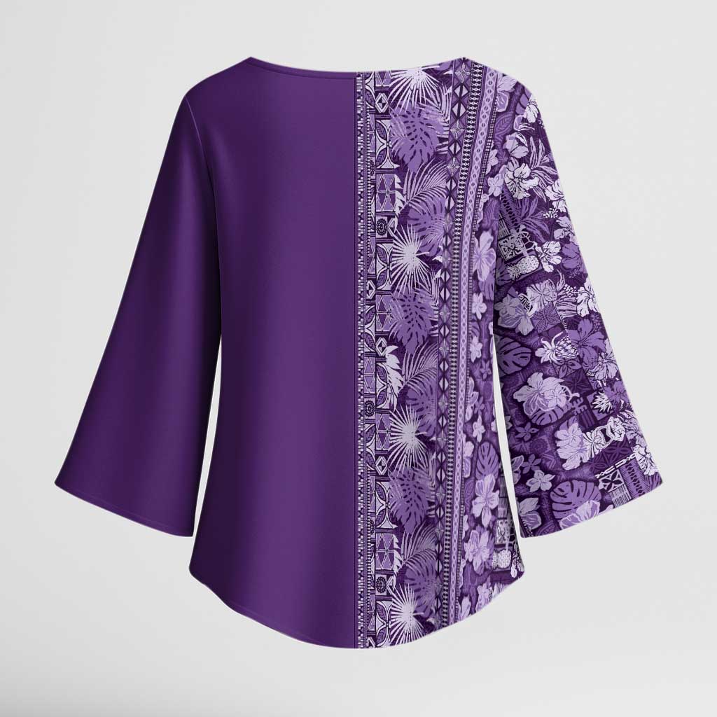 Hawaiian Tribal Elements Hibiscus Kimono Sleeve Blouse Purple Pattern - Polynesian Pride