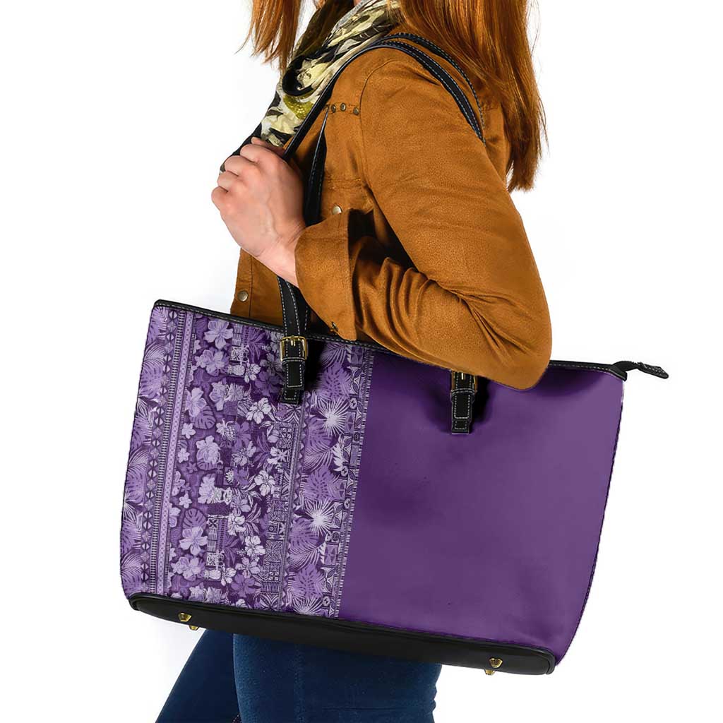 Hawaiian Tribal Elements Hibiscus Leather Tote Bag Purple Pattern LT9 Purple - Polynesian Pride