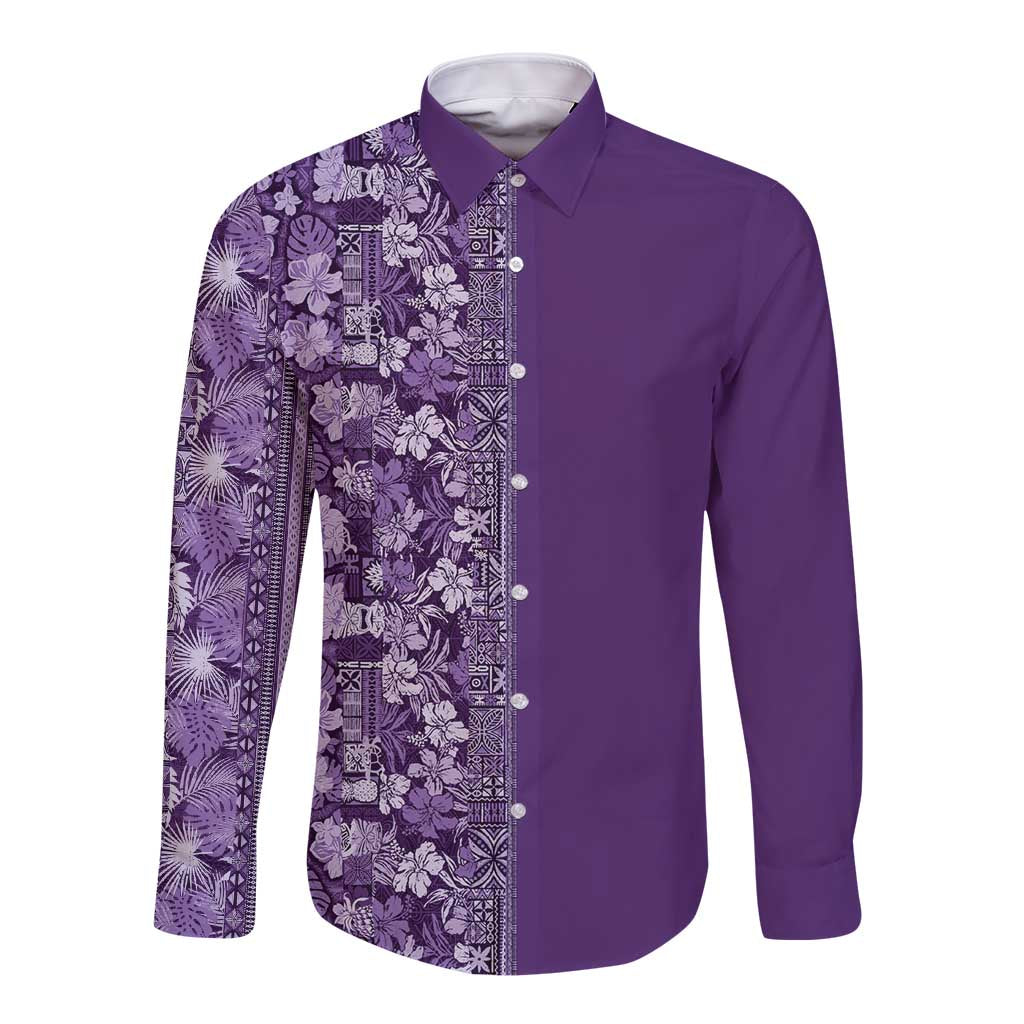 Hawaiian Tribal Elements Hibiscus Long Sleeve Button Shirt Purple Pattern LT9 Unisex Purple - Polynesian Pride