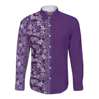 Hawaiian Tribal Elements Hibiscus Long Sleeve Button Shirt Purple Pattern - Polynesian Pride