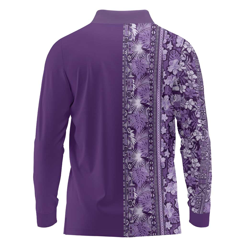Hawaiian Tribal Elements Hibiscus Long Sleeve Polo Shirt Purple Pattern - Polynesian Pride