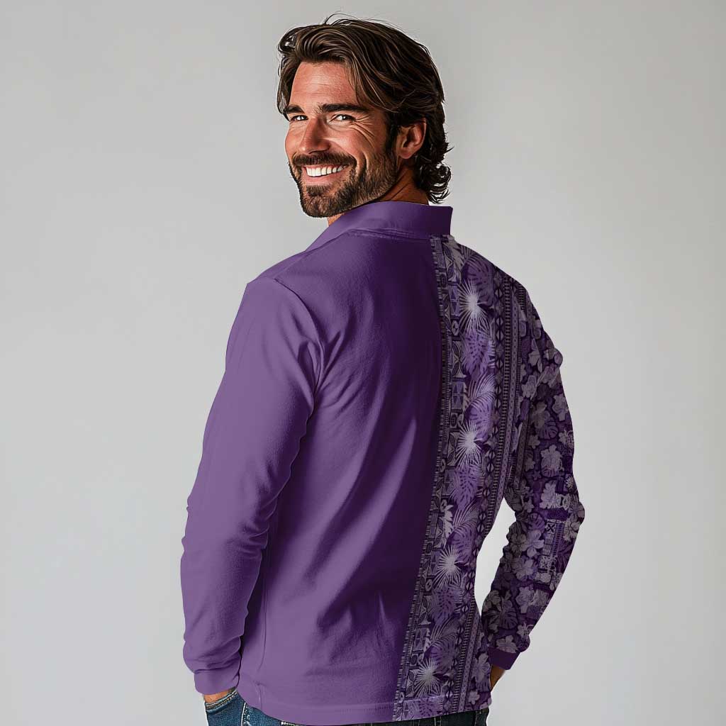Hawaiian Tribal Elements Hibiscus Long Sleeve Polo Shirt Purple Pattern - Polynesian Pride