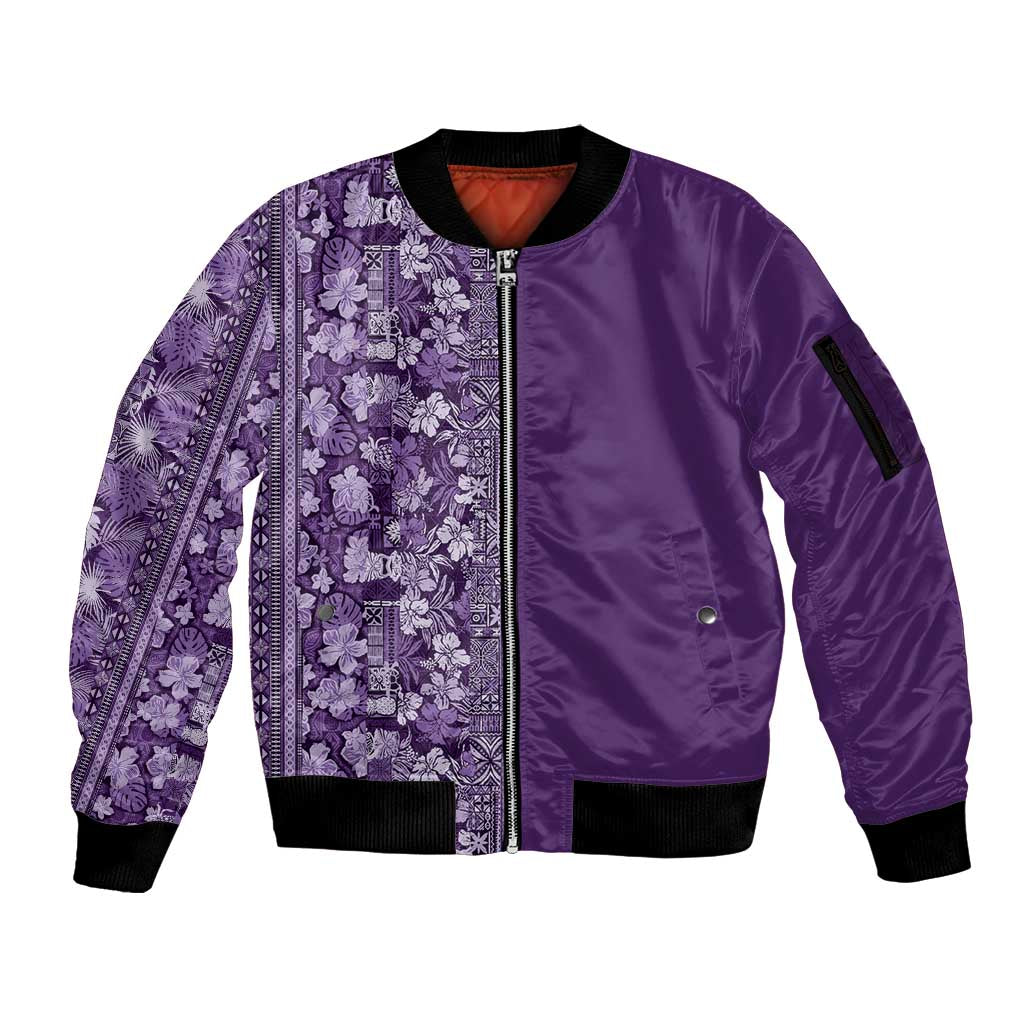 Hawaiian Tribal Elements Hibiscus Sleeve Zip Bomber Jacket Purple Pattern LT9 Unisex Purple - Polynesian Pride