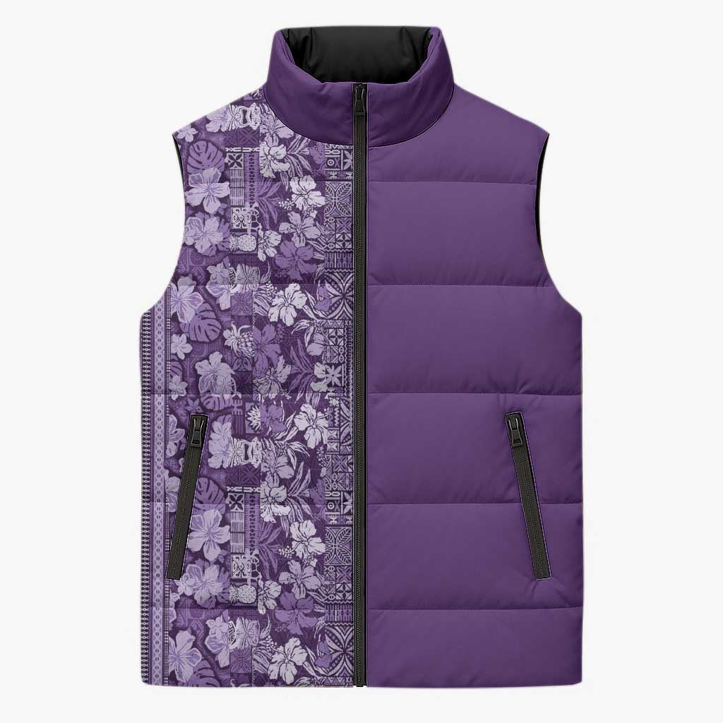 Hawaiian Tribal Elements Hibiscus Sleeveless Puffer Jacket Purple Pattern - Polynesian Pride