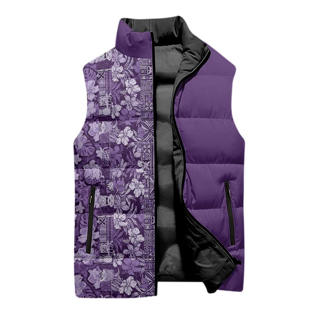Hawaiian Tribal Elements Hibiscus Sleeveless Puffer Jacket Purple Pattern - Polynesian Pride