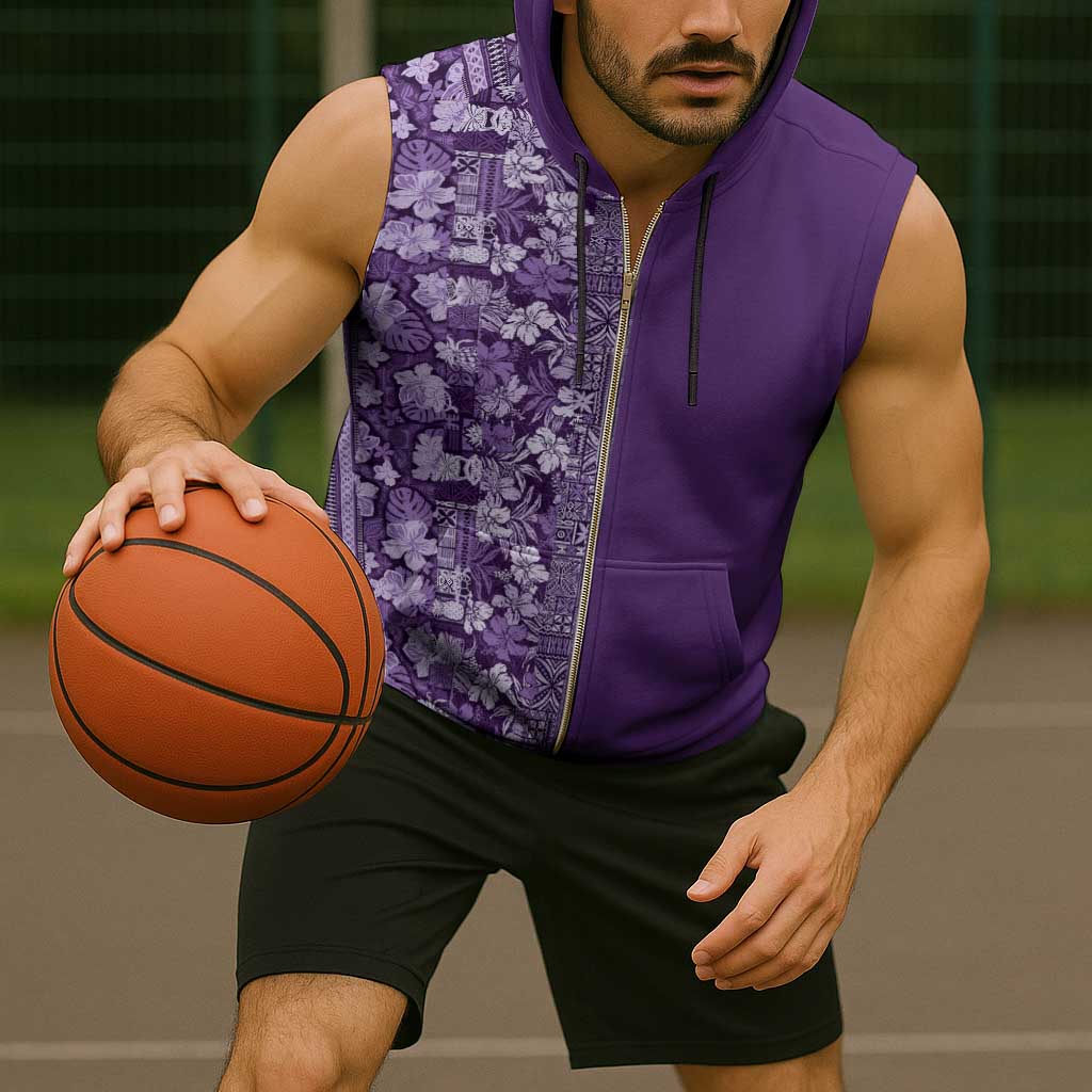 Hawaiian Tribal Elements Hibiscus Sleeveless Zip Hoodie Purple Pattern - Polynesian Pride
