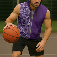 Hawaiian Tribal Elements Hibiscus Sleeveless Zip Hoodie Purple Pattern - Polynesian Pride