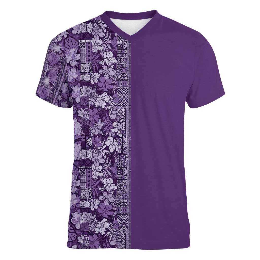 Hawaiian Tribal Elements Hibiscus Women V-Neck T-Shirt Purple Pattern LT9 Female Purple - Polynesian Pride