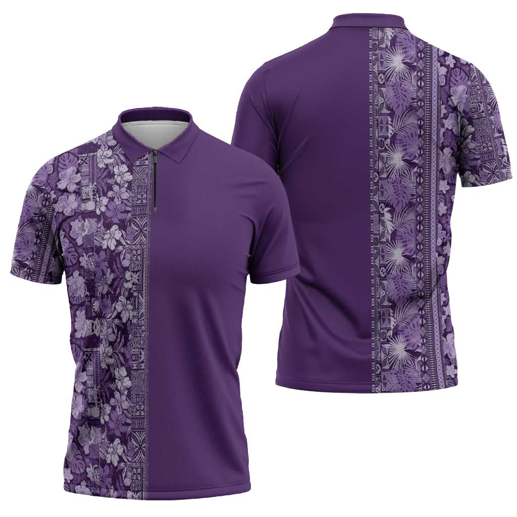 Hawaiian Tribal Elements Hibiscus Zipper Polo Shirt Purple Pattern - Polynesian Pride