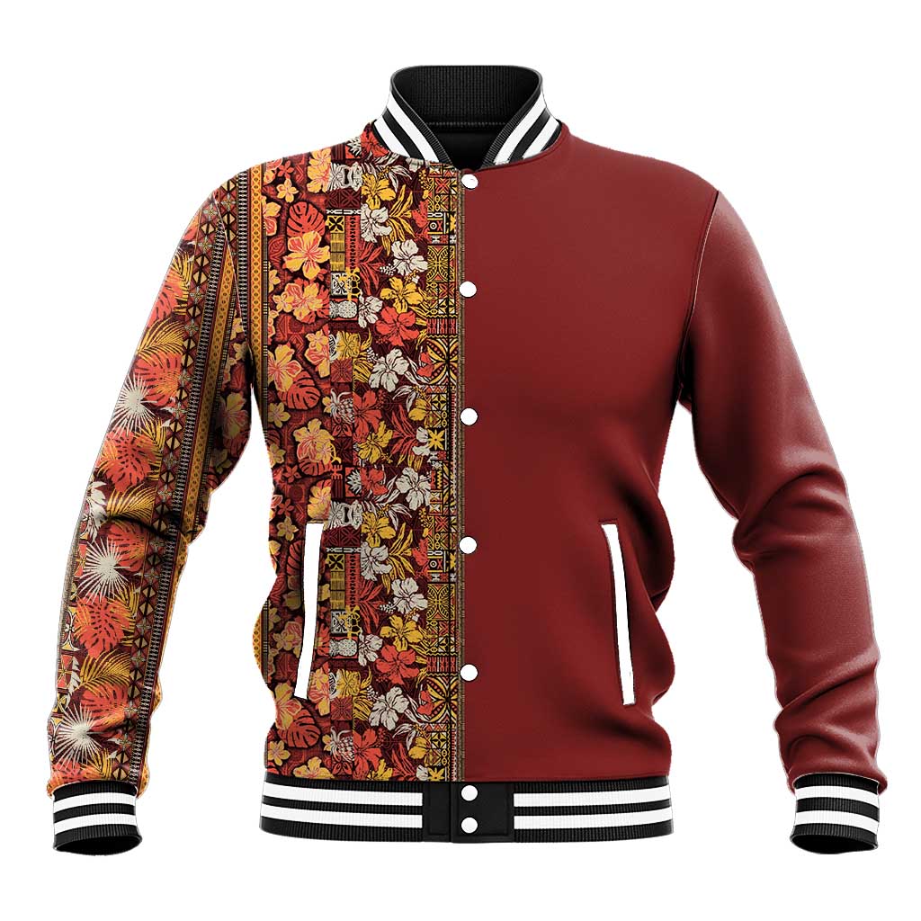 Hawaiian Tribal Elements Hibiscus Baseball Jacket Red Pattern LT9 Unisex Red - Polynesian Pride