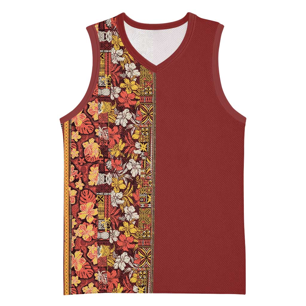 Hawaiian Tribal Elements Hibiscus Basketball Jersey Red Pattern - Polynesian Pride