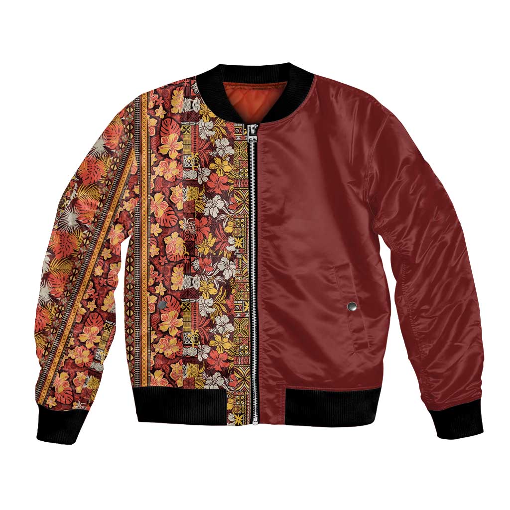 Hawaiian Tribal Elements Hibiscus Bomber Jacket Red Pattern LT9 Unisex Red - Polynesian Pride