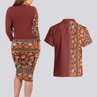 Hawaiian Tribal Elements Hibiscus Couples Matching Long Sleeve Bodycon Dress and Hawaiian Shirt Red Pattern - Polynesian Pride