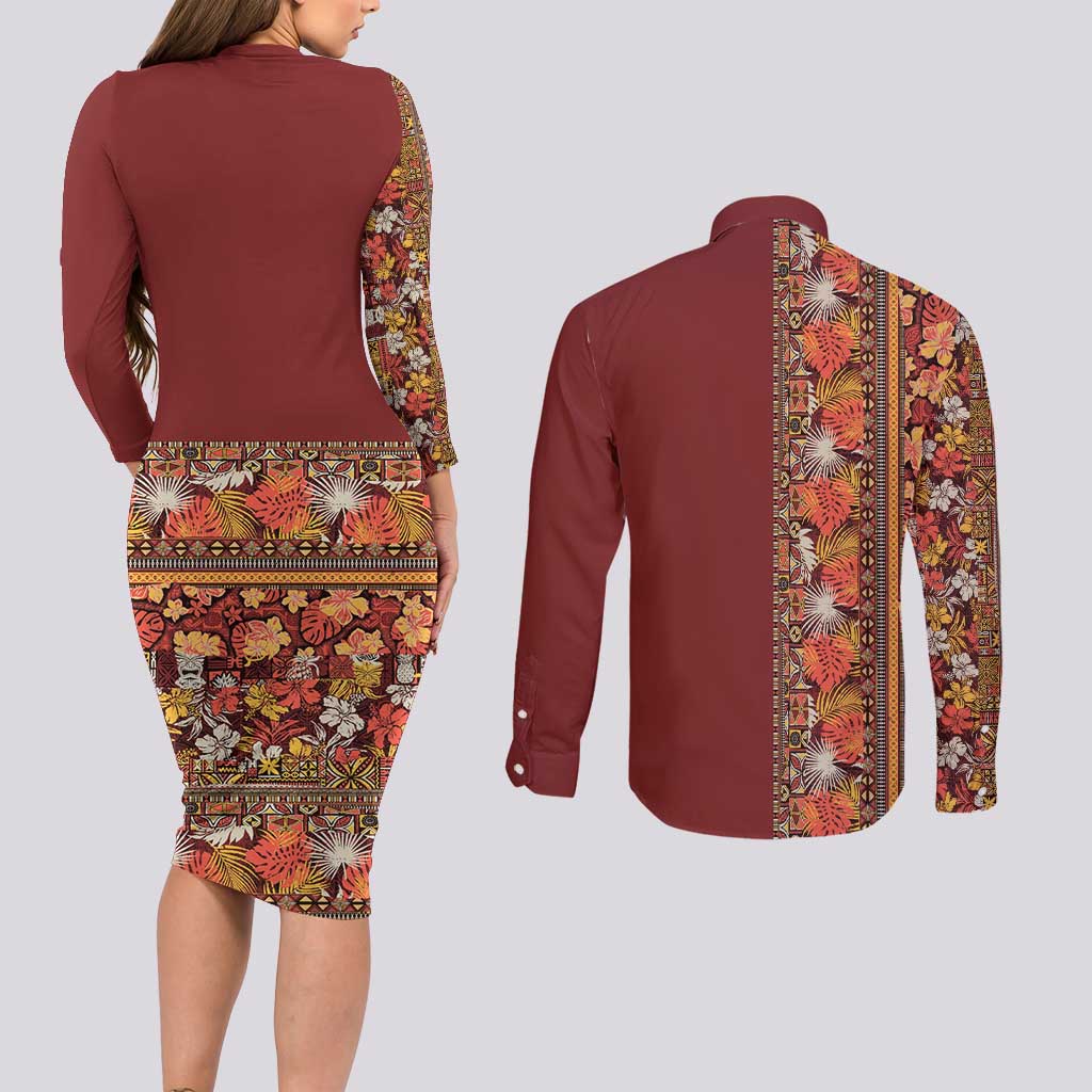 Hawaiian Tribal Elements Hibiscus Couples Matching Long Sleeve Bodycon Dress and Long Sleeve Button Shirt Red Pattern - Polynesian Pride