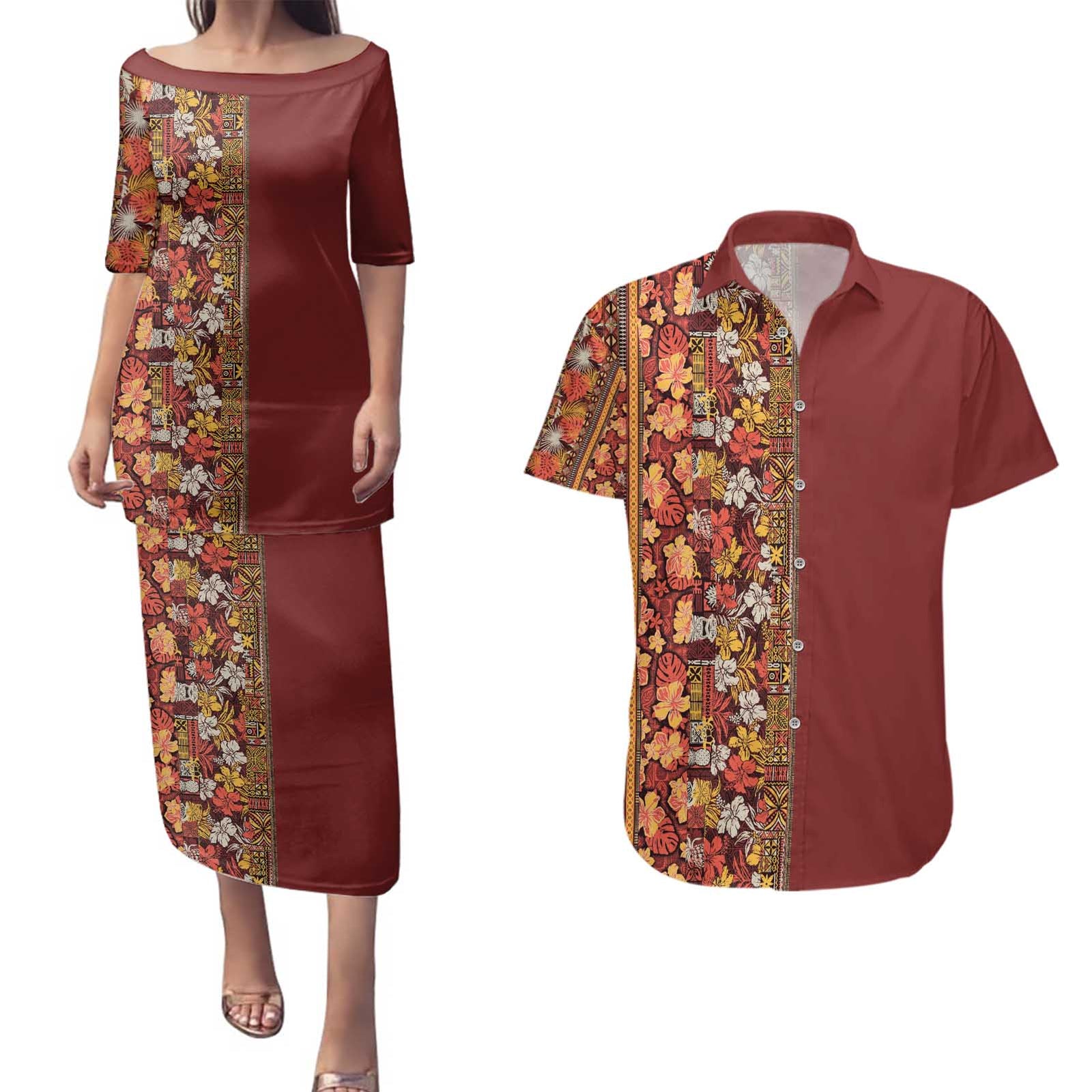 Hawaiian Tribal Elements Hibiscus Couples Matching Puletasi and Hawaiian Shirt Red Pattern LT9 Red - Polynesian Pride
