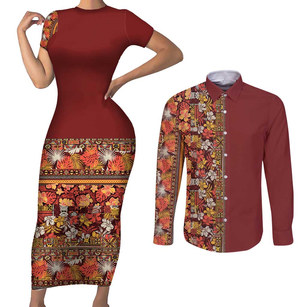 Hawaiian Tribal Elements Hibiscus Couples Matching Short Sleeve Bodycon Dress and Long Sleeve Button Shirt Red Pattern - Polynesian Pride