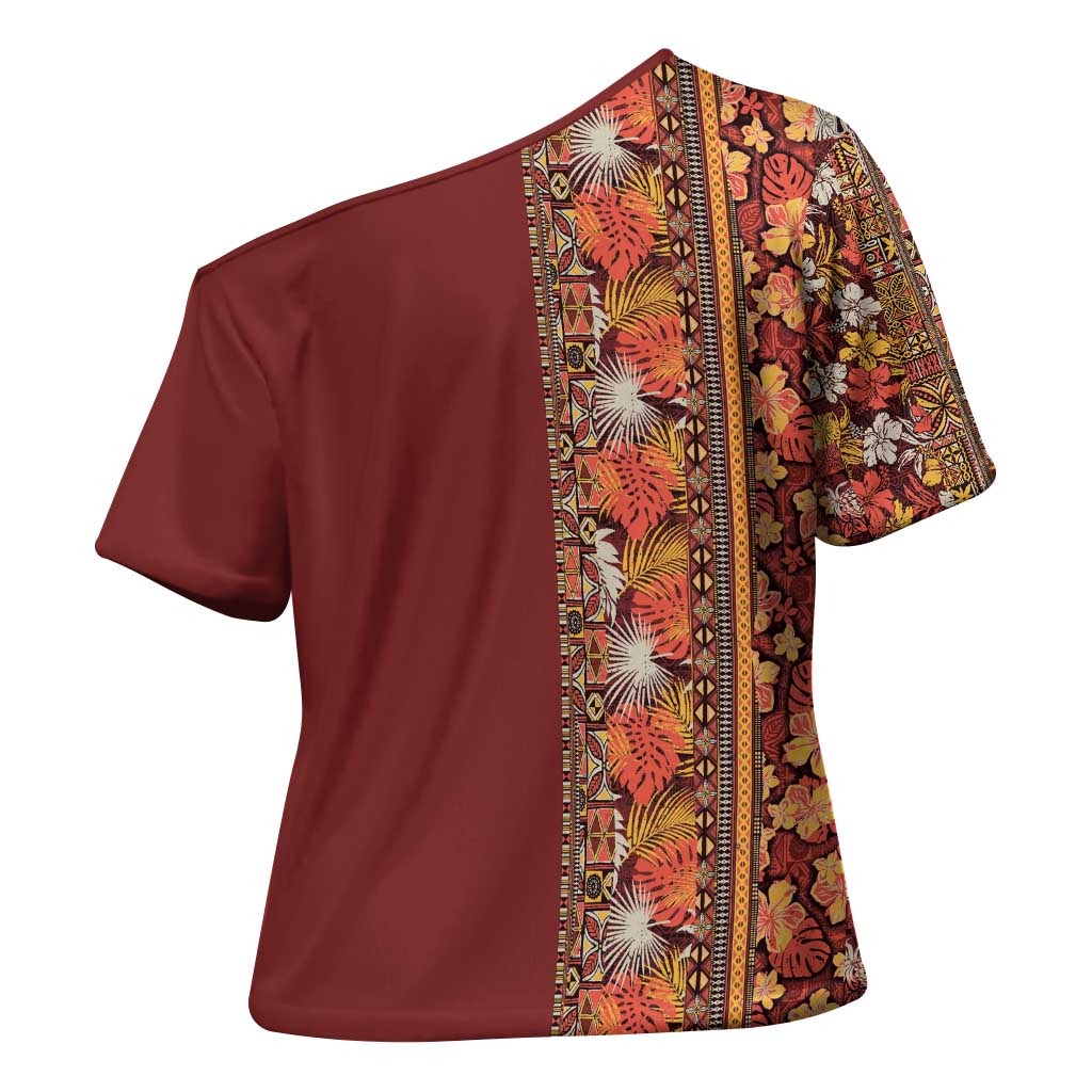 Hawaiian Tribal Elements Hibiscus Cross Shoulder Shirt Red Pattern - Polynesian Pride