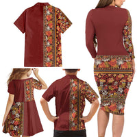 Hawaiian Tribal Elements Hibiscus Family Matching Long Sleeve Bodycon Dress and Hawaiian Shirt Red Pattern - Polynesian Pride