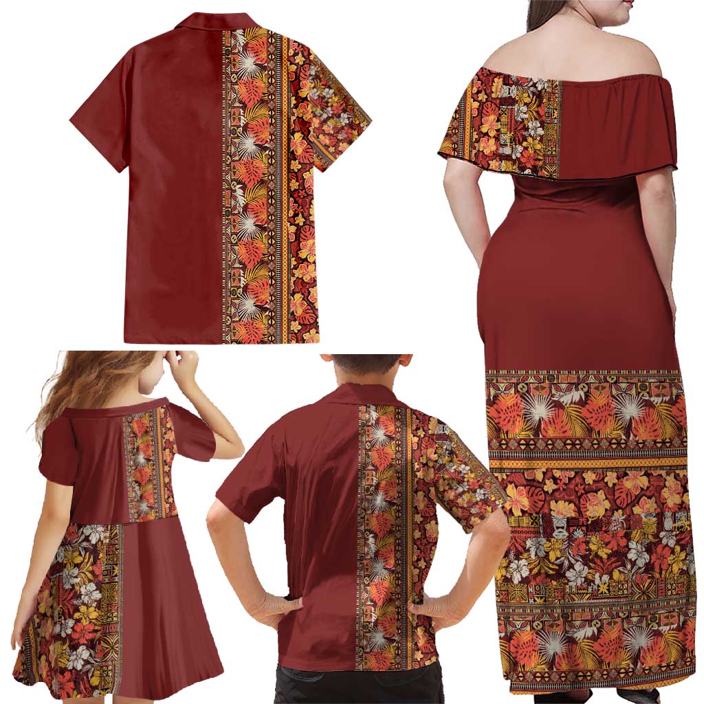 Hawaiian Tribal Elements Hibiscus Family Matching Off Shoulder Maxi Dress and Hawaiian Shirt Red Pattern - Polynesian Pride