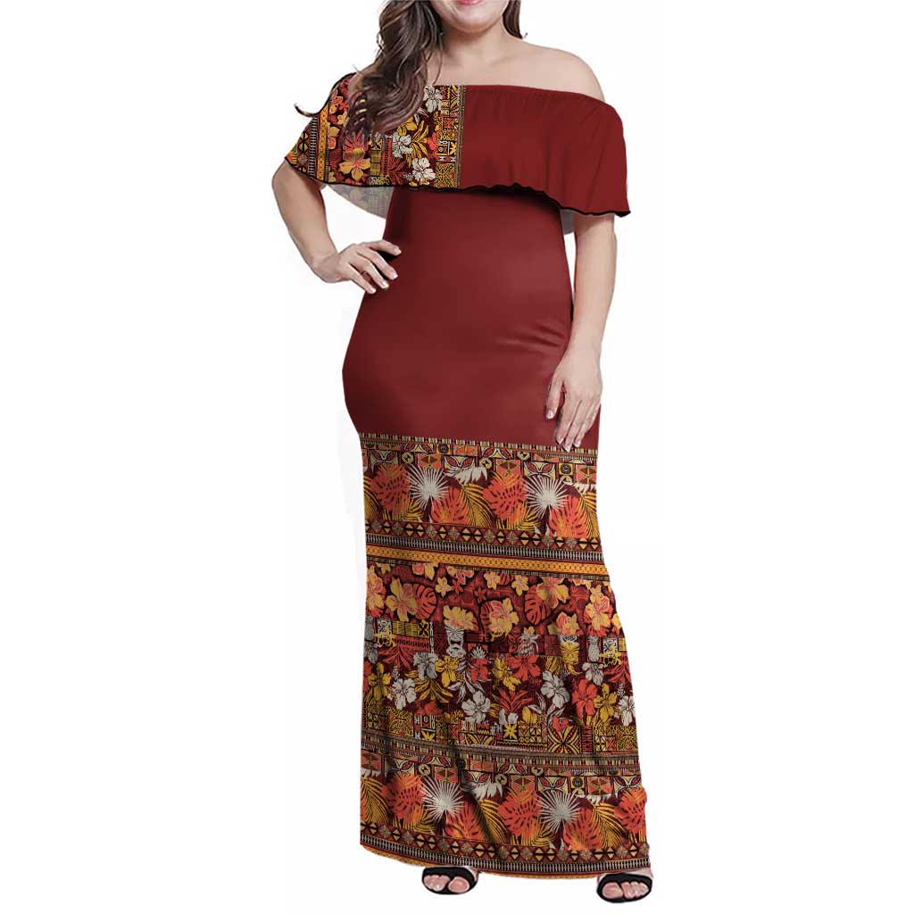 Hawaiian Tribal Elements Hibiscus Family Matching Off Shoulder Maxi Dress and Hawaiian Shirt Red Pattern - Polynesian Pride