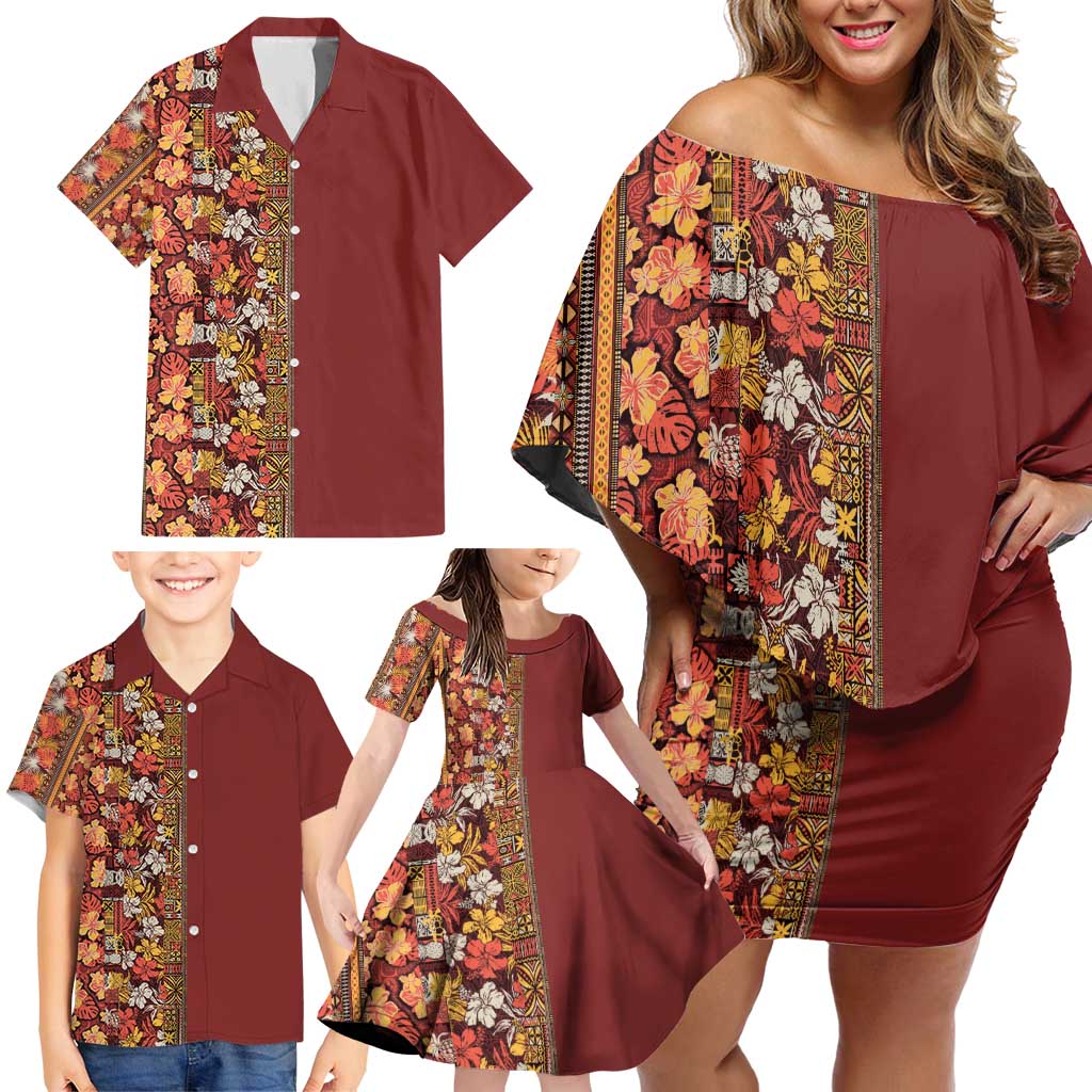 Hawaiian Tribal Elements Hibiscus Family Matching Off Shoulder Short Dress and Hawaiian Shirt Red Pattern - Polynesian Pride