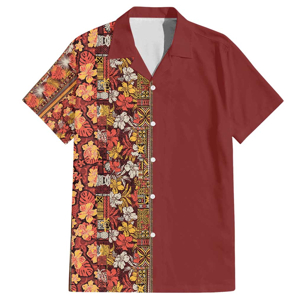 Hawaiian Tribal Elements Hibiscus Family Matching Off Shoulder Short Dress and Hawaiian Shirt Red Pattern - Polynesian Pride