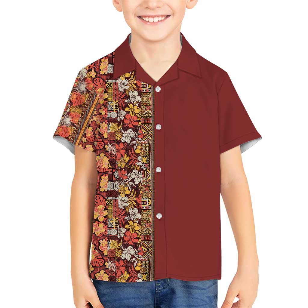 Hawaiian Tribal Elements Hibiscus Family Matching Puletasi and Hawaiian Shirt Red Pattern - Polynesian Pride