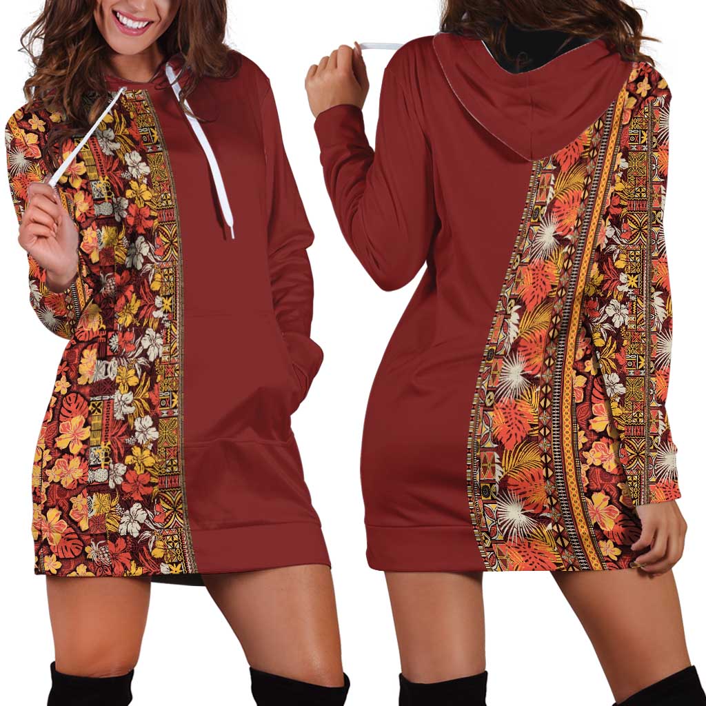 Hawaiian Tribal Elements Hibiscus Hoodie Dress Red Pattern - Polynesian Pride
